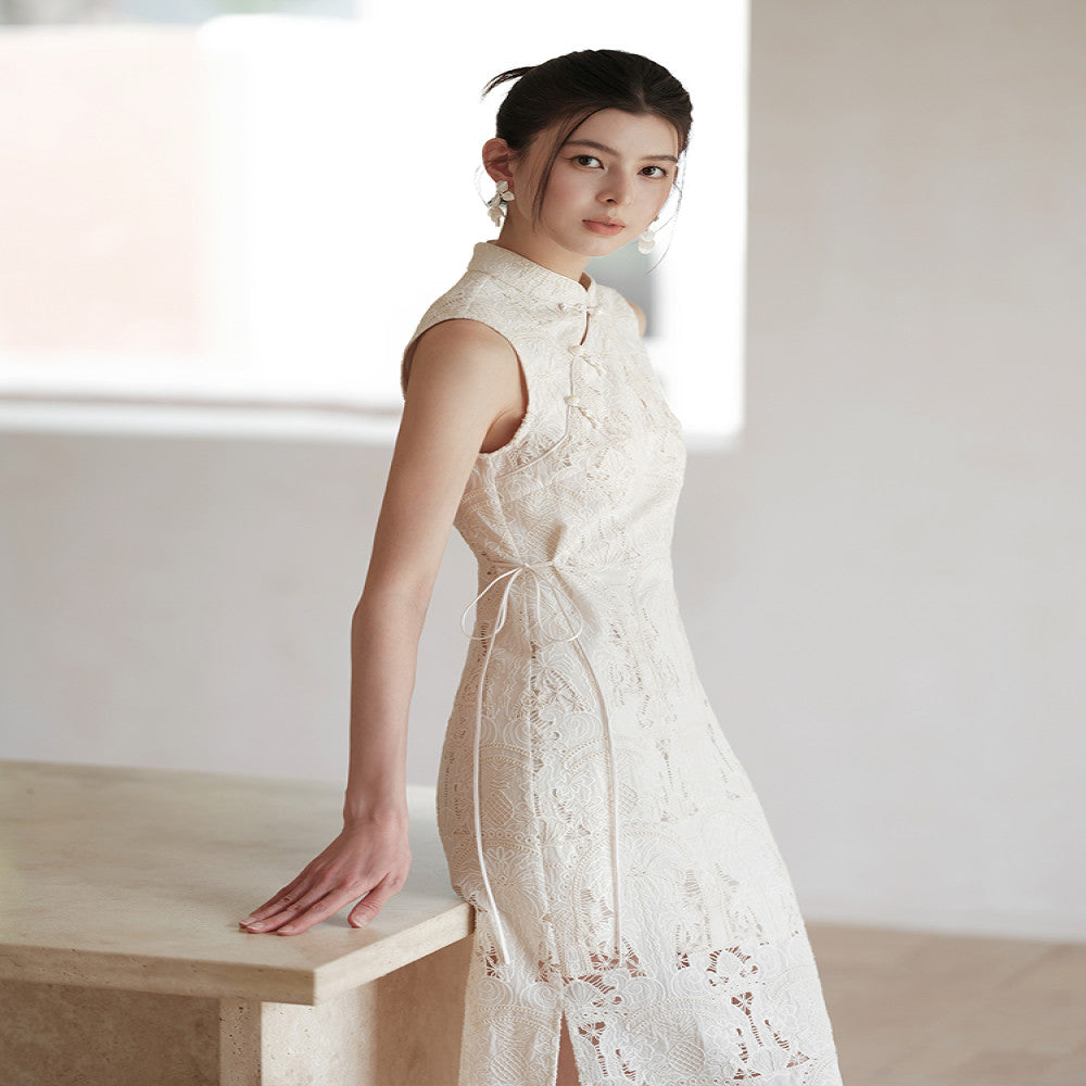 New Chinese style and improved cheongsam for women in the summer of 2025 featuring delicate lace hollow waist dresses image 4