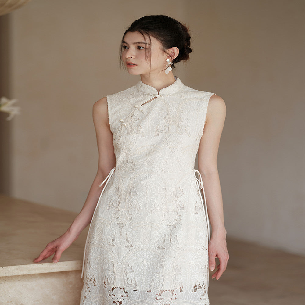 New Chinese style and improved cheongsam for women in the summer of 2025 featuring delicate lace hollow waist dresses image 5