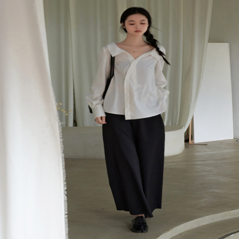 Bamboo fiber material overlapping diagonal placket shirt cool and wrinkle resistant fabric wide leg cropped pants image 3