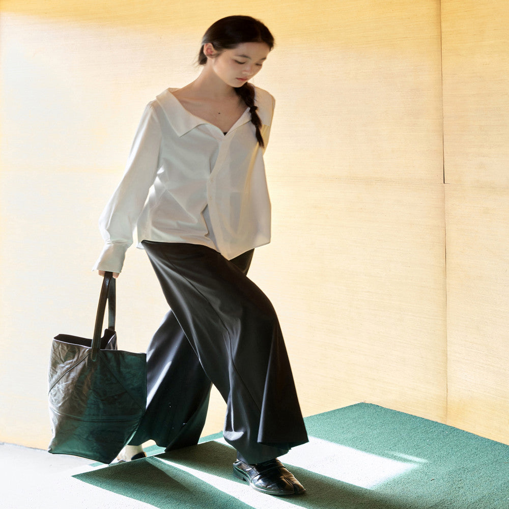 Bamboo fiber material overlapping diagonal placket shirt cool and wrinkle resistant fabric wide leg cropped pants image 0