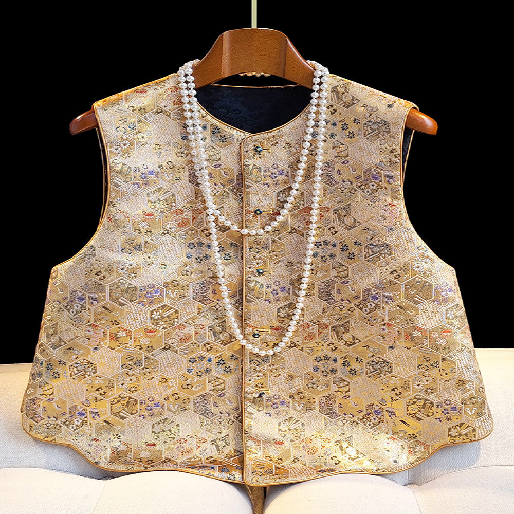 New Chinese style Song brocade jacquard Chinese style double sided vest with vest female original design improved round neck top small jacket image 0