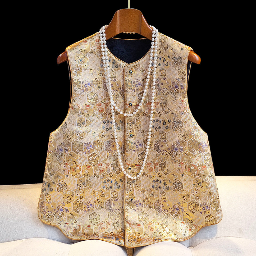 New Chinese style Song brocade jacquard Chinese style double sided vest with vest female original design improved round neck top small jacket image 7