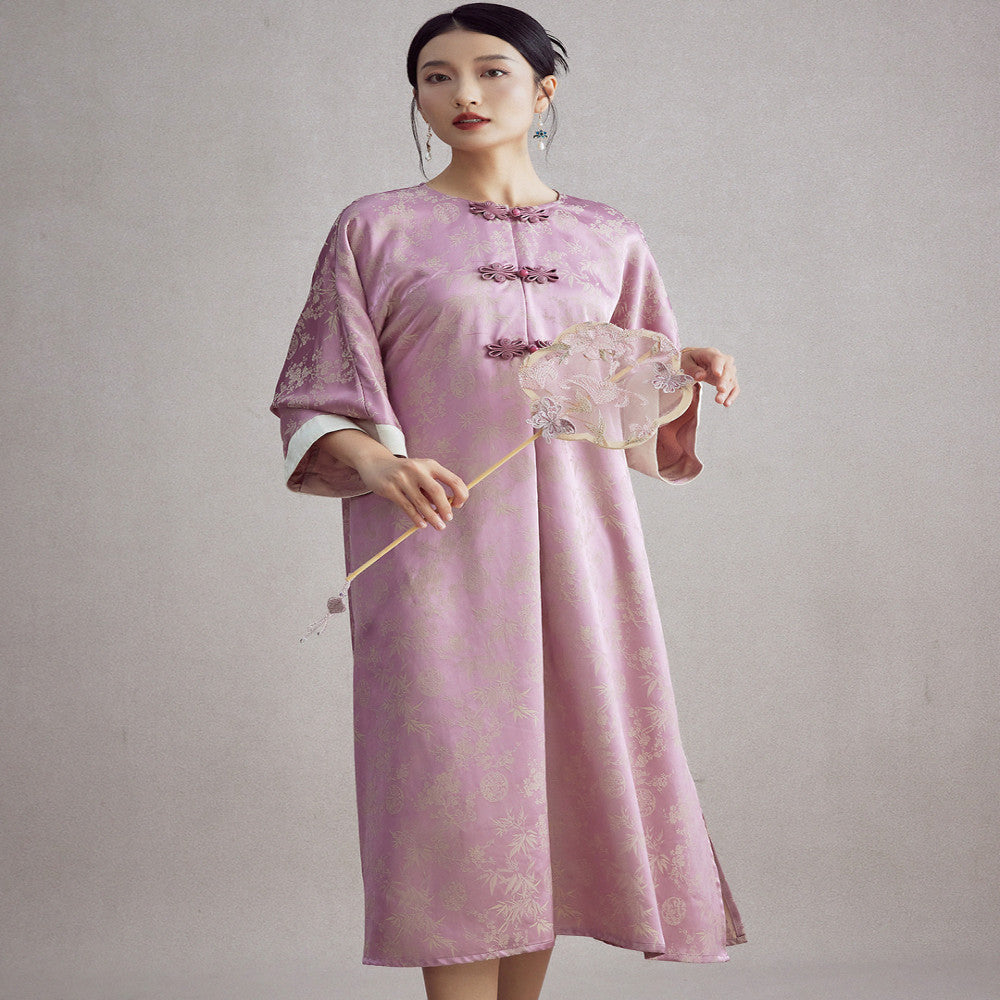 Moyu 2025 Spring Summer New Chinese Style Retro Improved Round Neck Jacquard New Chinese Morning Robe Cheongsam Dress image 2