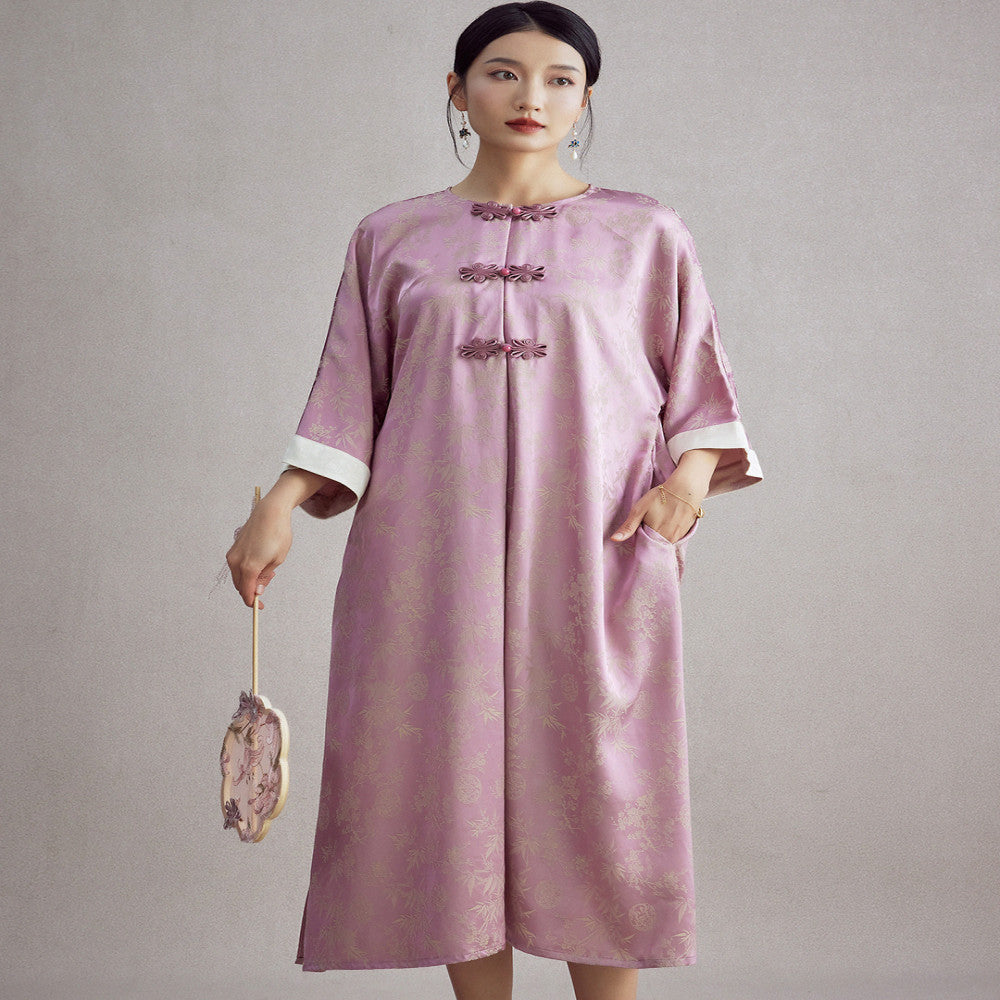 Moyu 2025 Spring Summer New Chinese Style Retro Improved Round Neck Jacquard New Chinese Morning Robe Cheongsam Dress image 3