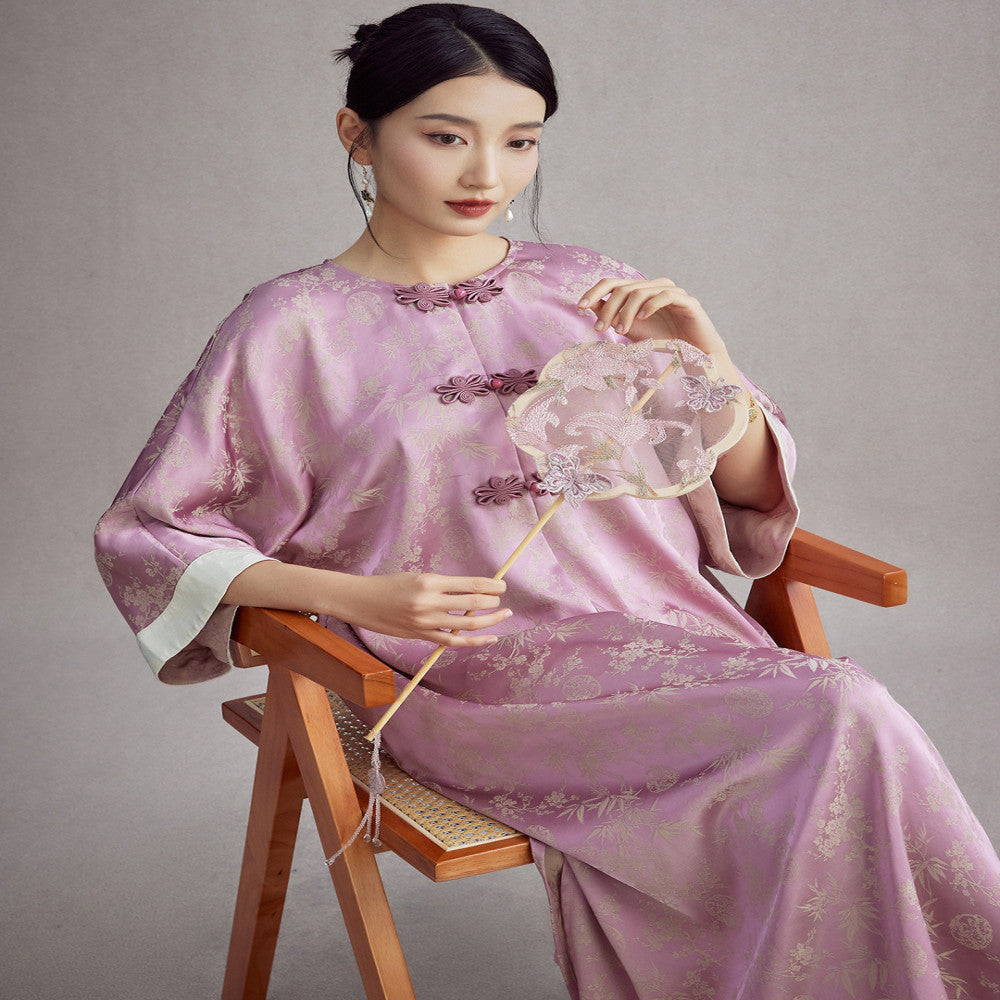 Moyu 2025 Spring Summer New Chinese Style Retro Improved Round Neck Jacquard New Chinese Morning Robe Cheongsam Dress image 0