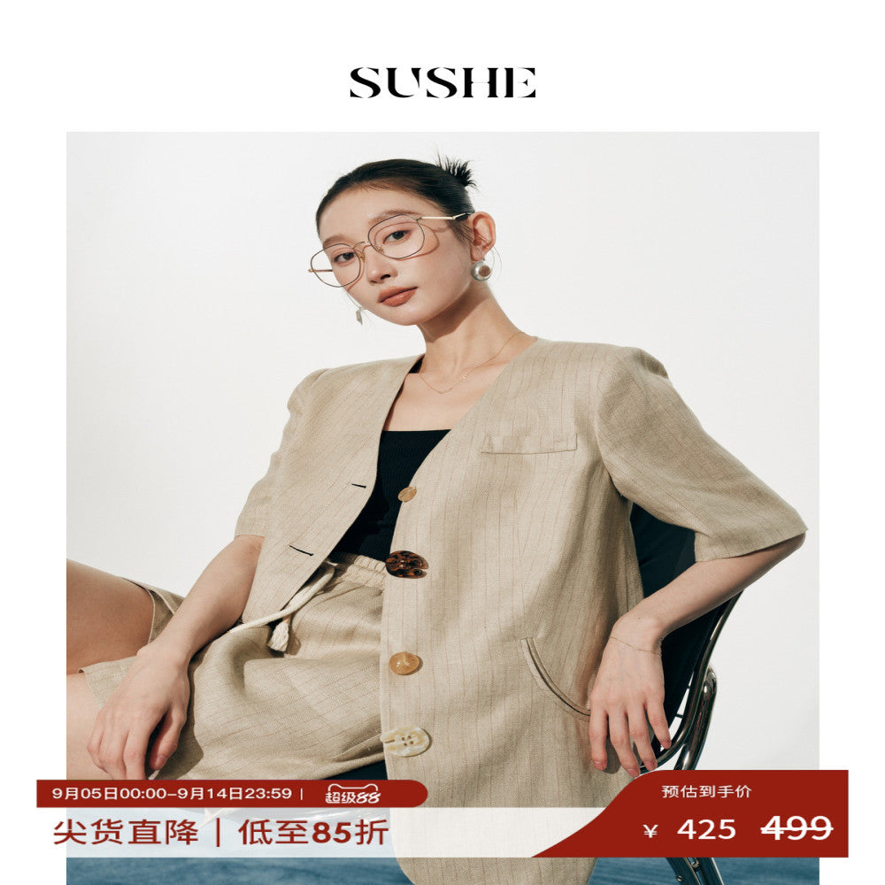 Shuxi SUSHE Elegant Style Linen Collarless Short Sleeve Irregular Buckle Suit Elastic Drawstring Shorts Set for Women image 1