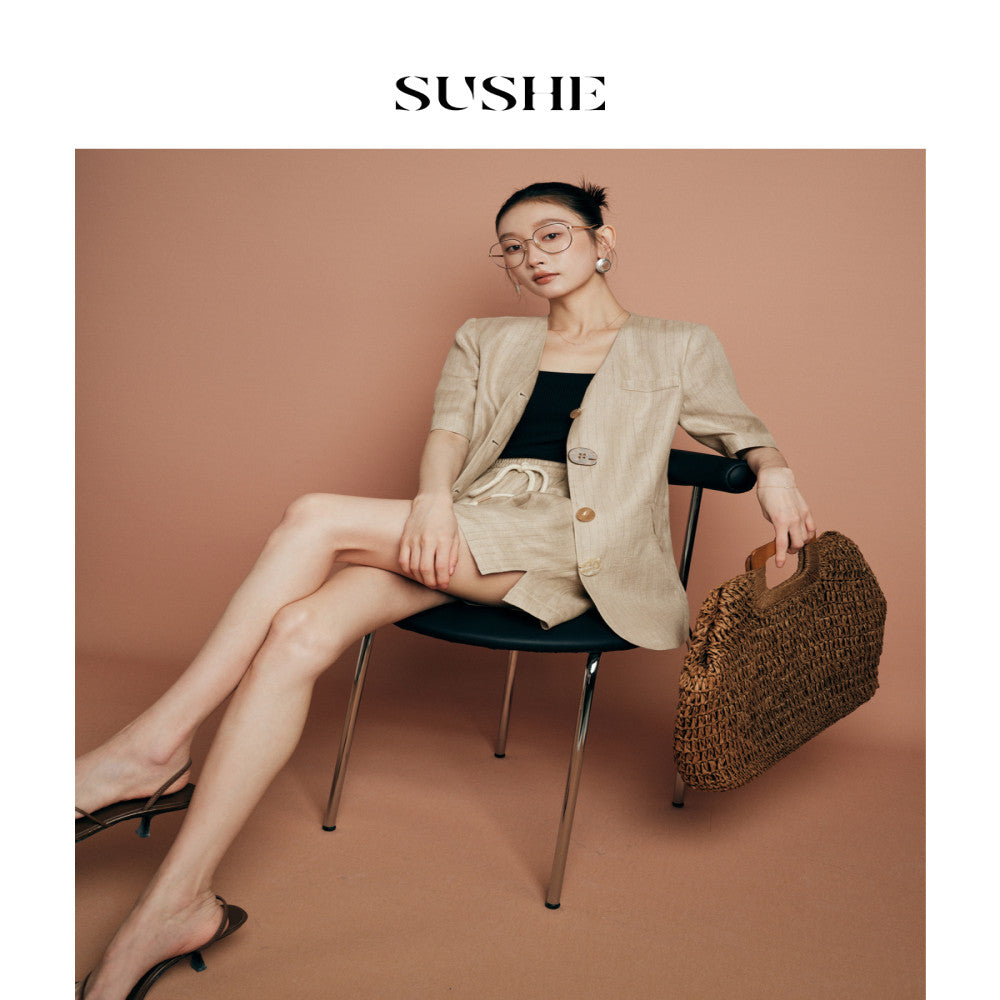 Shuxi SUSHE Elegant Style Linen Collarless Short Sleeve Irregular Buckle Suit Elastic Drawstring Shorts Set for Women image 2