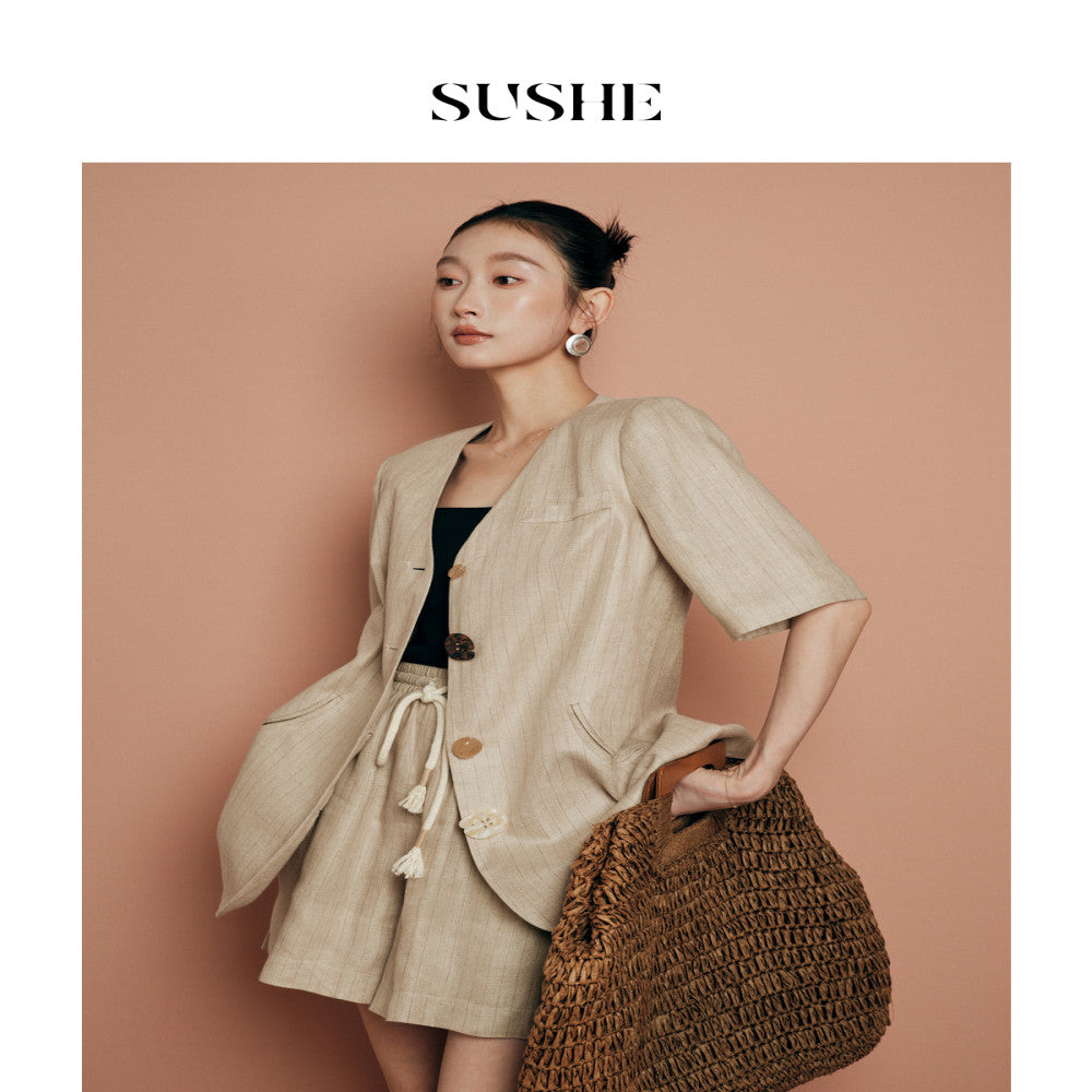 Shuxi SUSHE Elegant Style Linen Collarless Short Sleeve Irregular Buckle Suit Elastic Drawstring Shorts Set for Women image 3