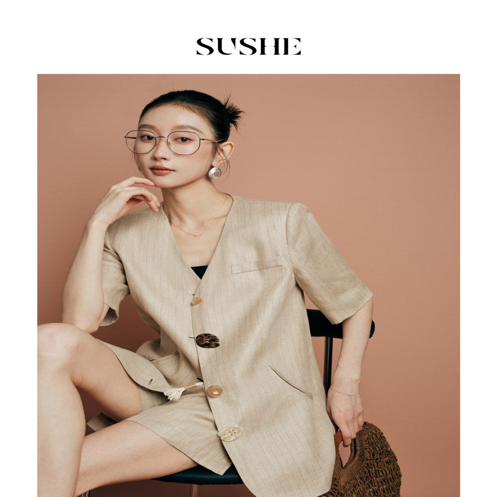 Shuxi SUSHE Elegant Style Linen Collarless Short Sleeve Irregular Buckle Suit Elastic Drawstring Shorts Set for Women image 4