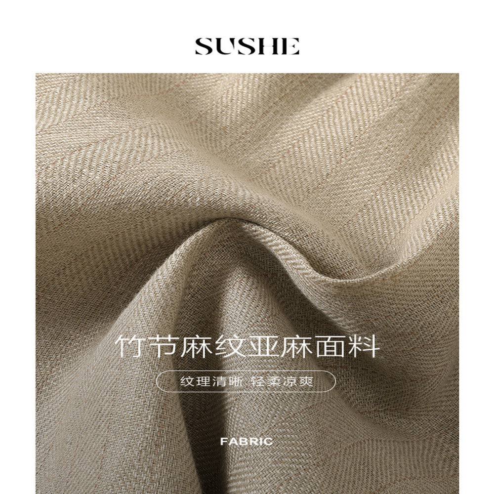 Shuxi SUSHE Elegant Style Linen Collarless Short Sleeve Irregular Buckle Suit Elastic Drawstring Shorts Set for Women image 5