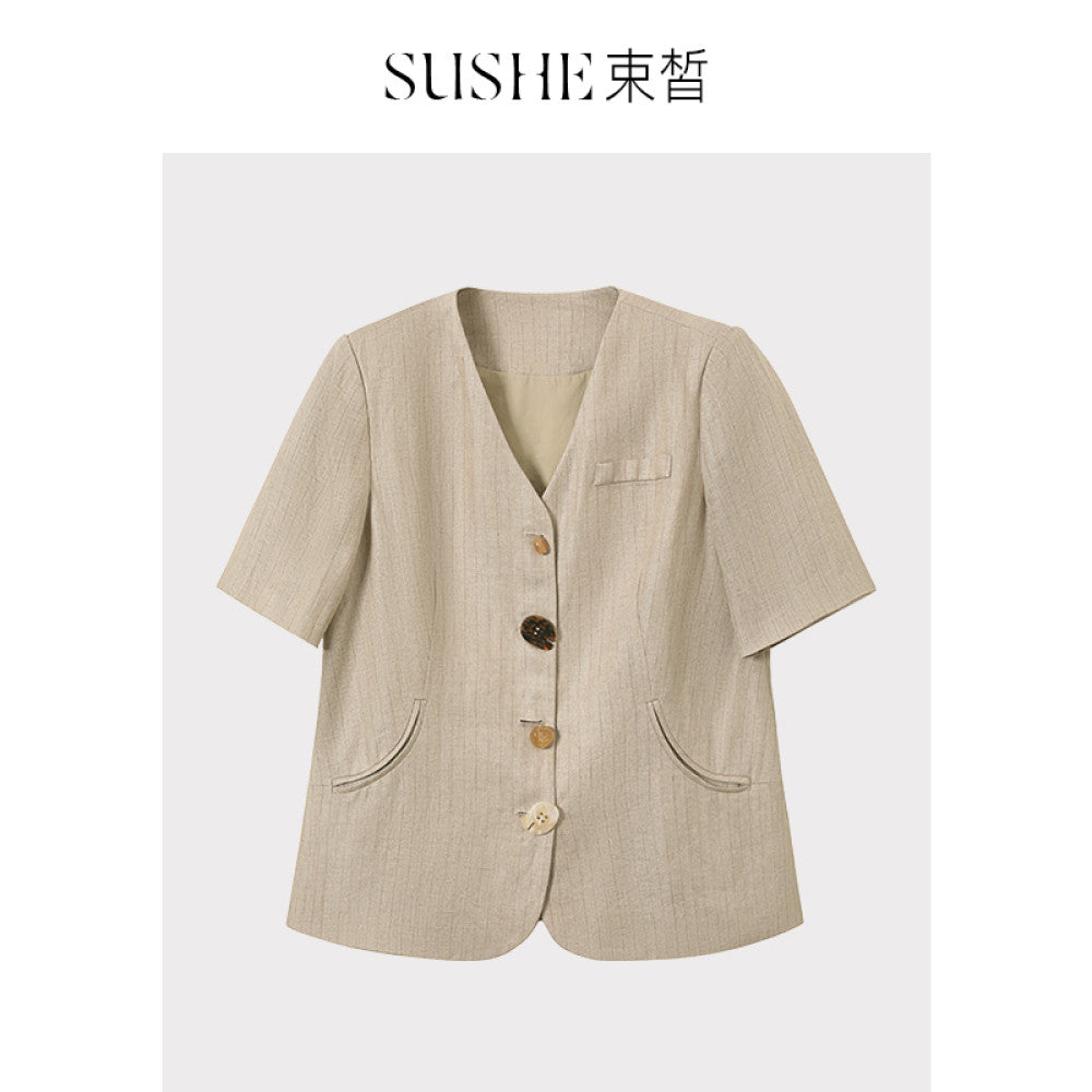 Shuxi SUSHE Elegant Style Linen Collarless Short Sleeve Irregular Buckle Suit Elastic Drawstring Shorts Set for Women image 8