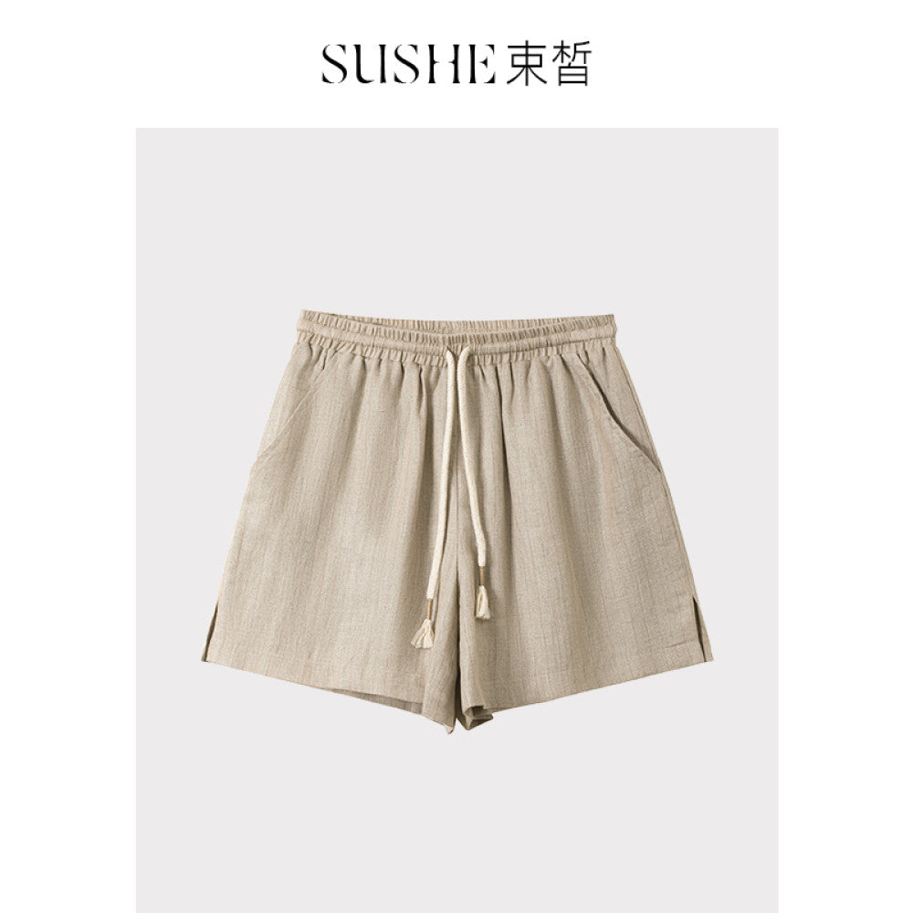 Shuxi SUSHE Elegant Style Linen Collarless Short Sleeve Irregular Buckle Suit Elastic Drawstring Shorts Set for Women image 15