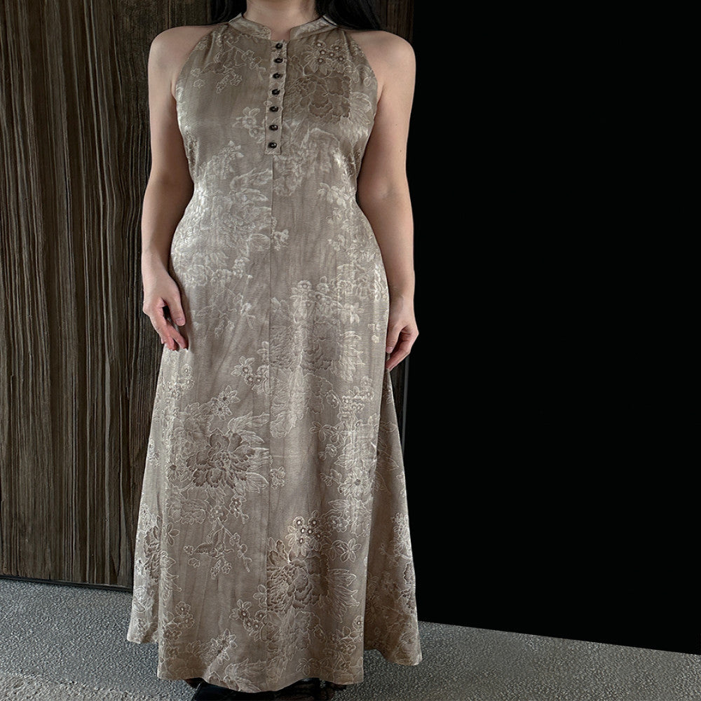 Canwu Art Cool Wabi Sabi Style New Chinese Stand up Collar Jacquard Loose Stir Fried Linen Shoulder Dress image 4