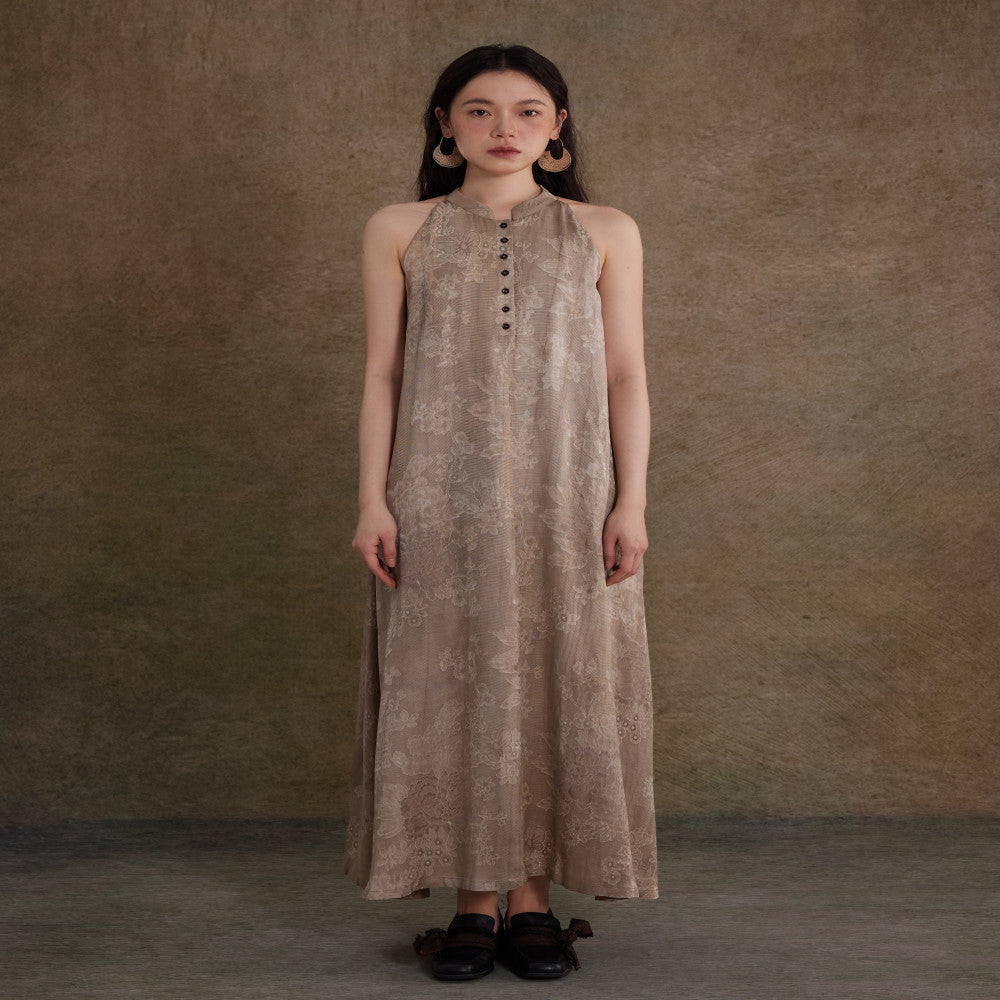 Canwu Art Cool Wabi Sabi Style New Chinese Stand up Collar Jacquard Loose Stir Fried Linen Shoulder Dress image 5