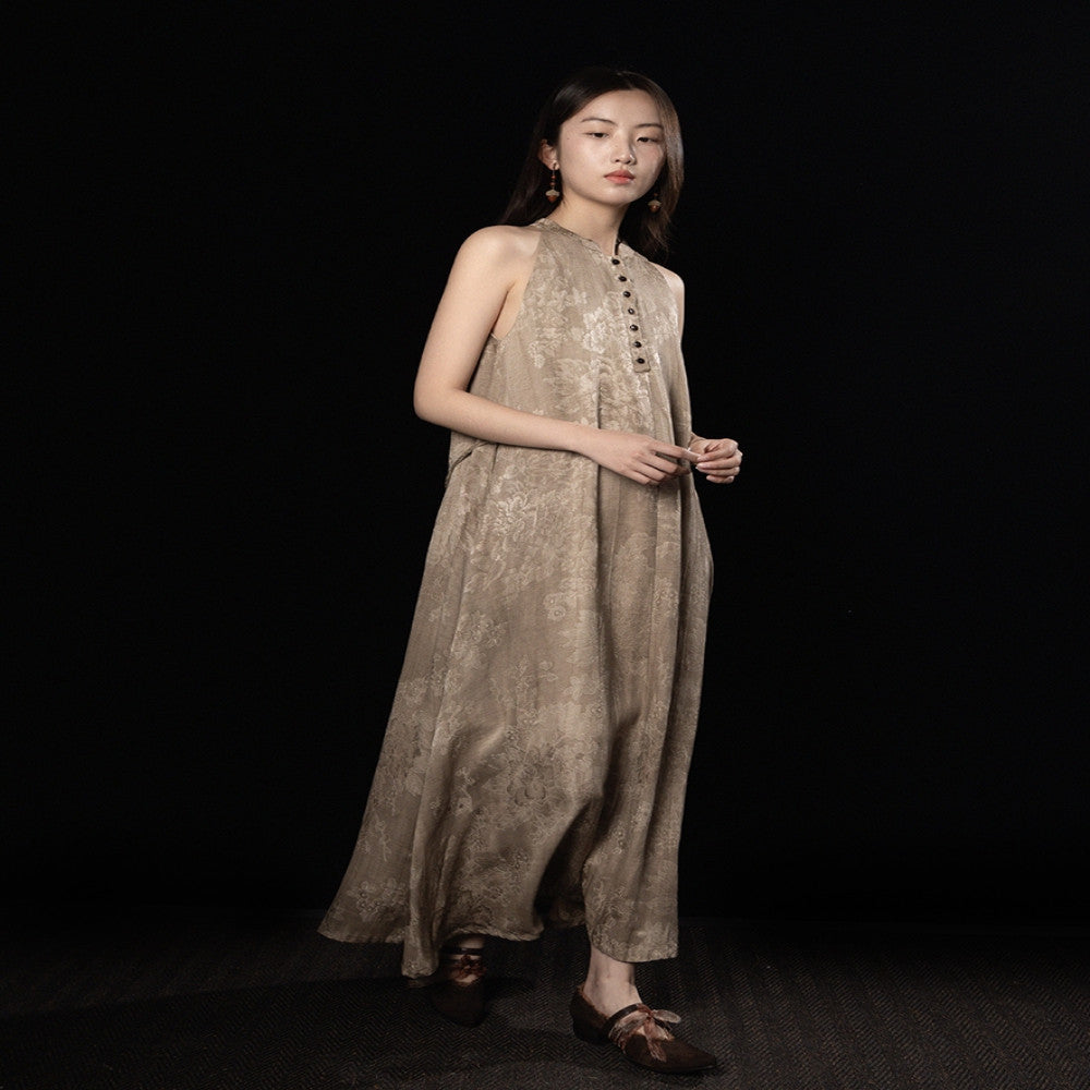 Canwu Art Cool Wabi Sabi Style New Chinese Stand up Collar Jacquard Loose Stir Fried Linen Shoulder Dress image 0