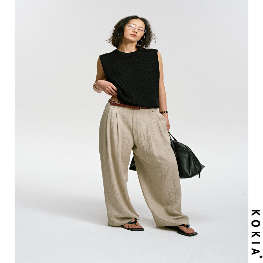 KOKIA spot air feeling relaxed soft texture linen material semi elastic waist comfortable and loose wide leg pants in two colors image 2