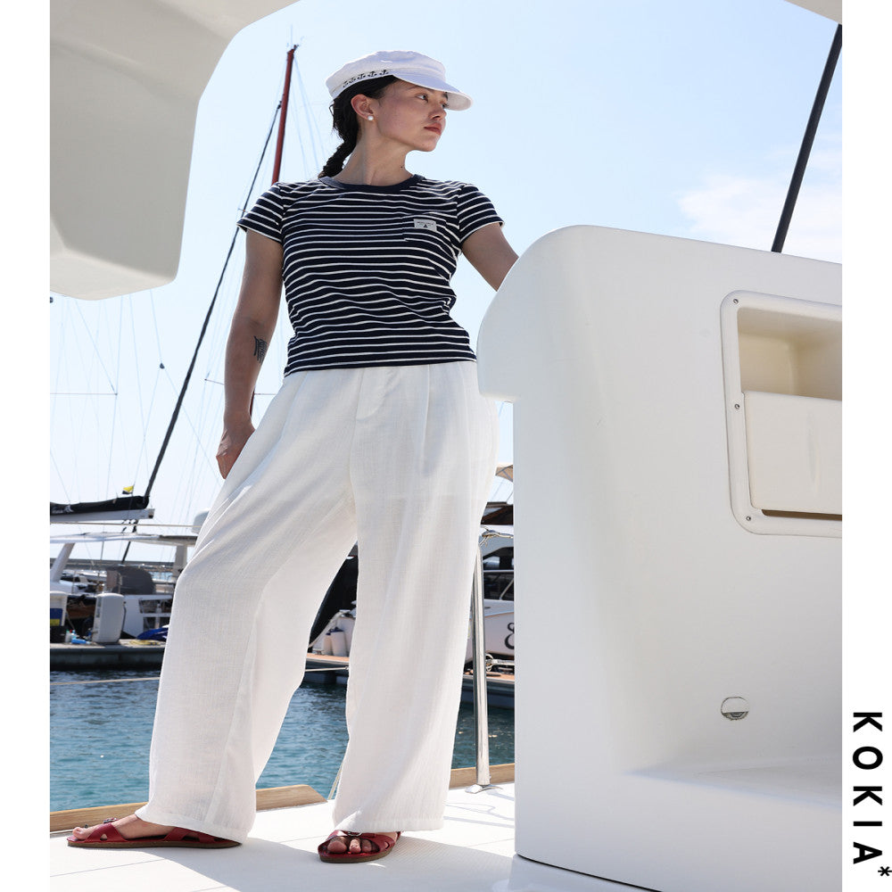 KOKIA spot air feeling relaxed soft texture linen material semi elastic waist comfortable and loose wide leg pants in two colors image 3