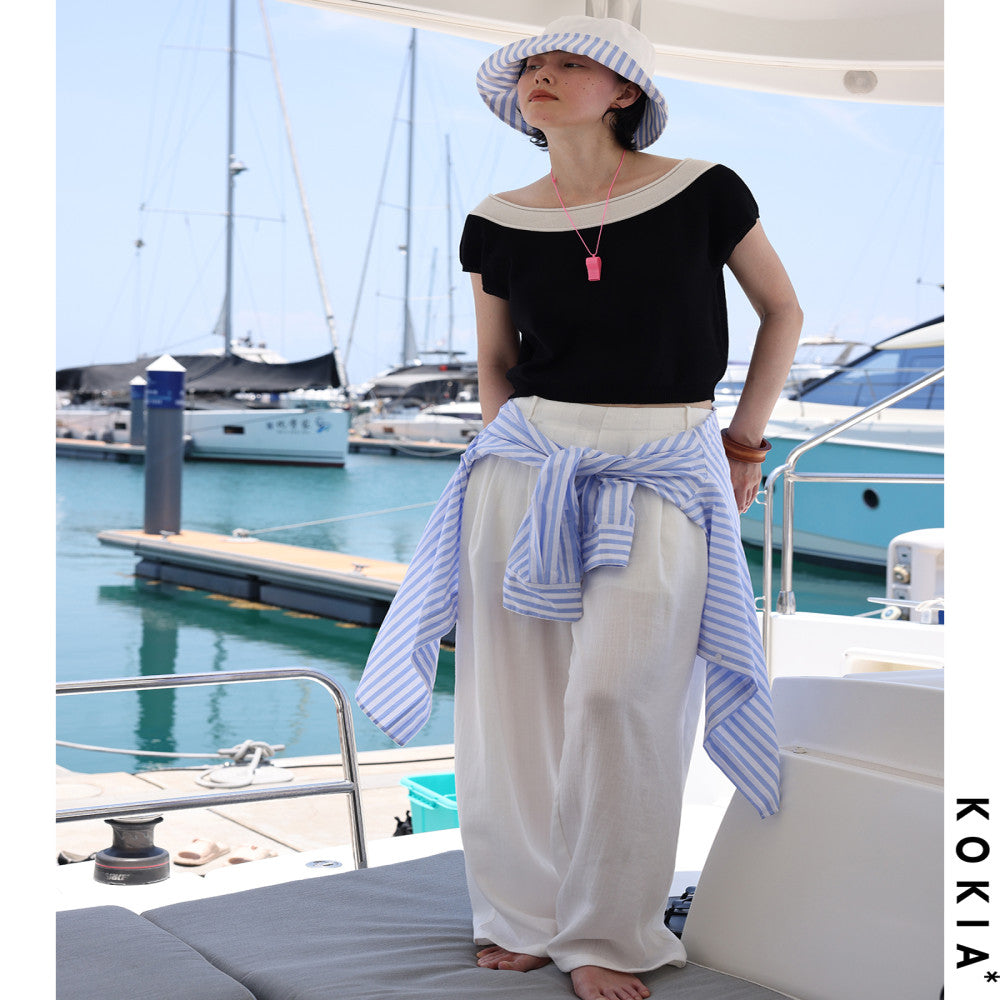KOKIA spot air feeling relaxed soft texture linen material semi elastic waist comfortable and loose wide leg pants in two colors image 4
