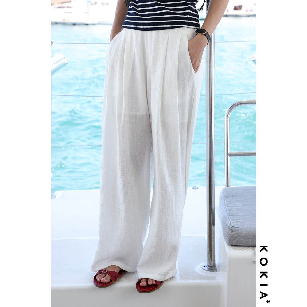 KOKIA spot air feeling relaxed soft texture linen material semi elastic waist comfortable and loose wide leg pants in two colors image 7