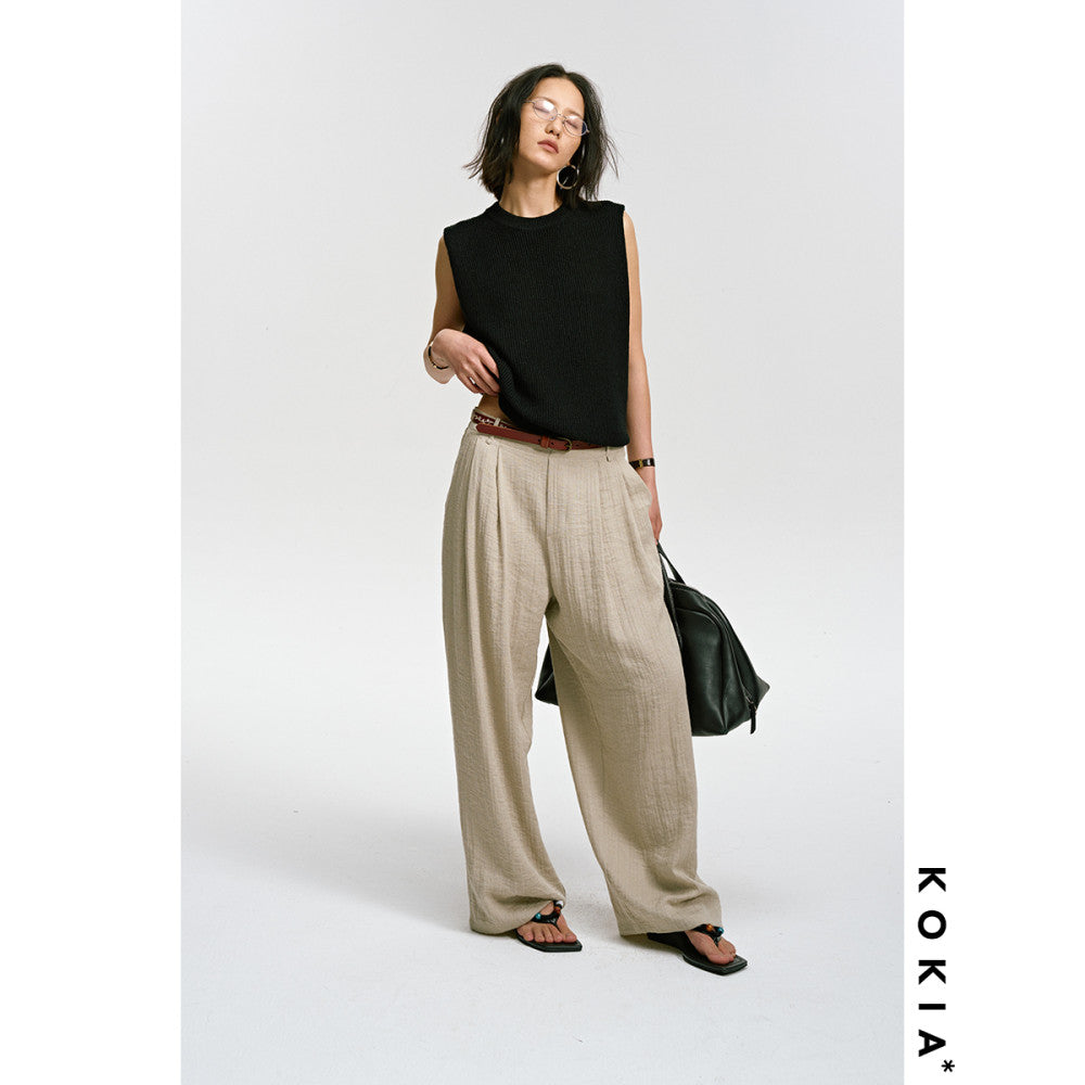 KOKIA spot air feeling relaxed soft texture linen material semi elastic waist comfortable and loose wide leg pants in two colors image 9
