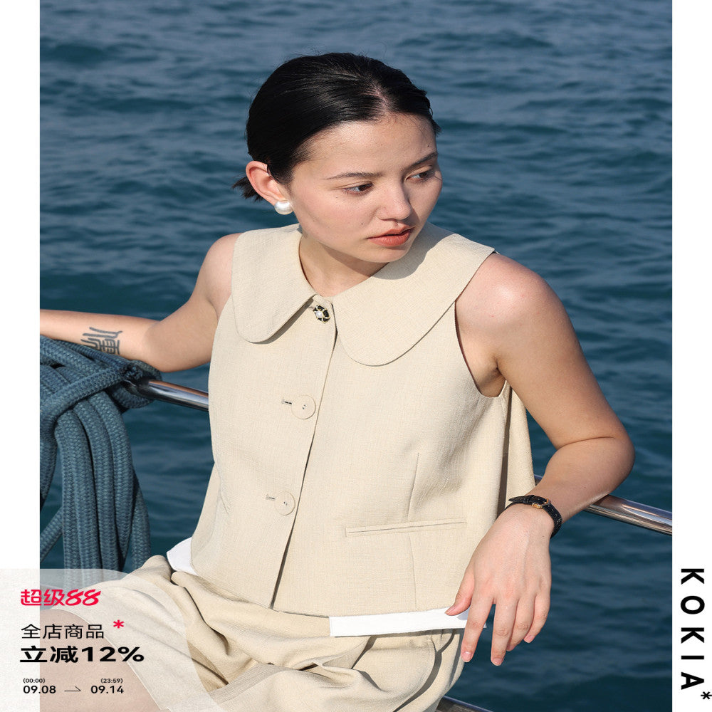 KOKIA in stock high quality texture linen fabric playful lady Eaton collar raglan sleeves A list short vest two colors image 1