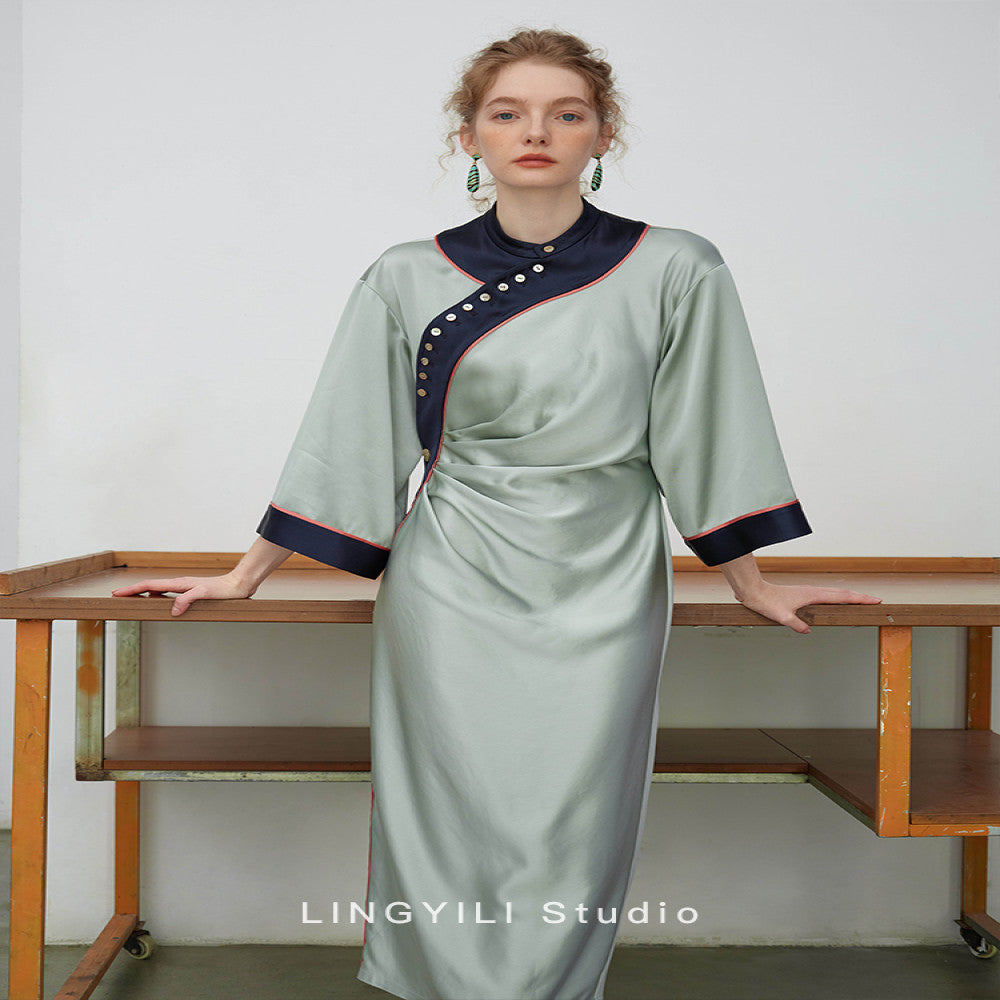 LINGYLI Spring Summer Collection New Chinese Water Green Satin Acetate Stand Cut Original Design Inverted Sleeve Dress image 1