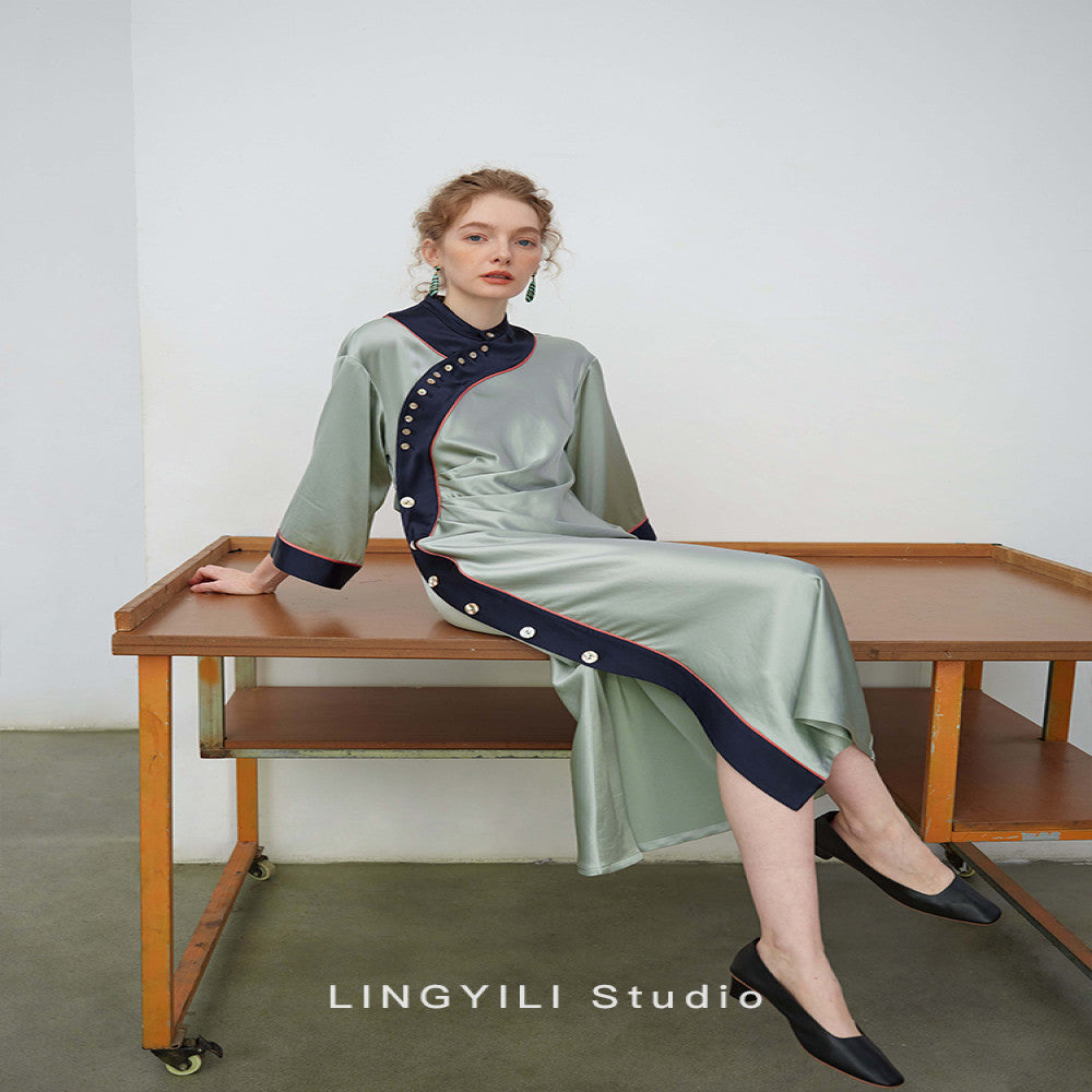 LINGYLI Spring Summer Collection New Chinese Water Green Satin Acetate Stand Cut Original Design Inverted Sleeve Dress image 2