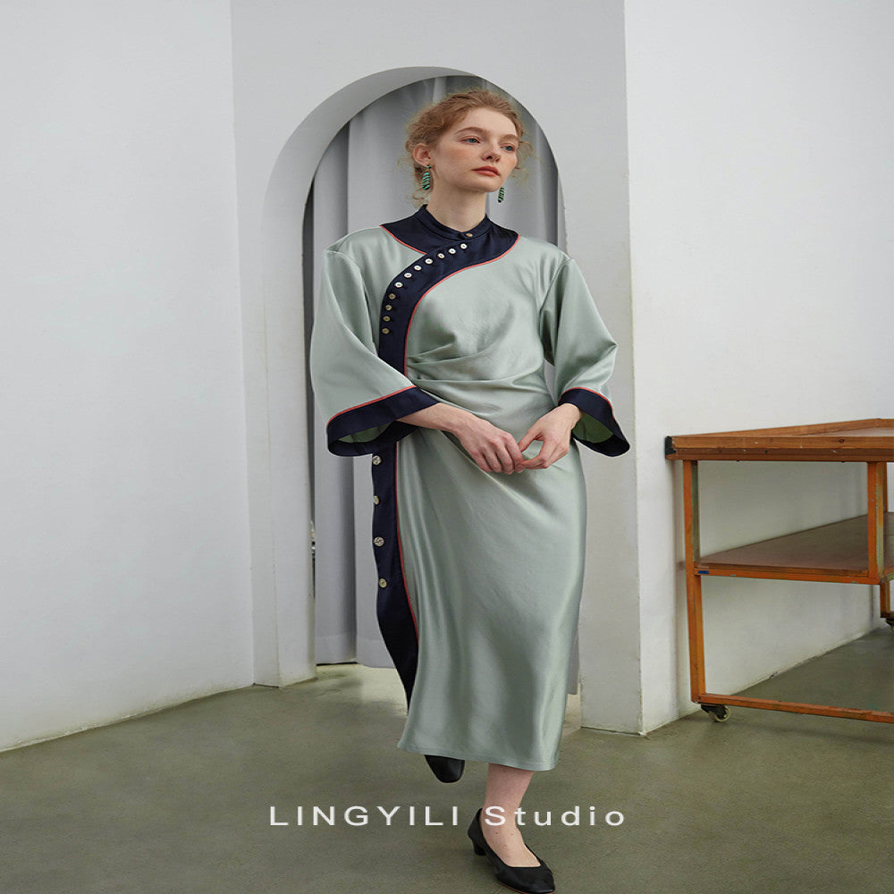 LINGYLI Spring Summer Collection New Chinese Water Green Satin Acetate Stand Cut Original Design Inverted Sleeve Dress image 3