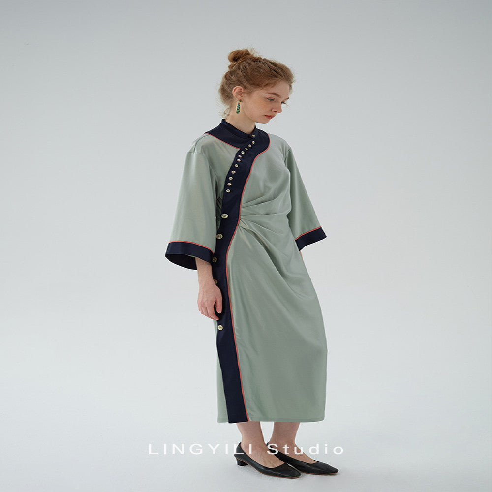 LINGYLI Spring Summer Collection New Chinese Water Green Satin Acetate Stand Cut Original Design Inverted Sleeve Dress image 4
