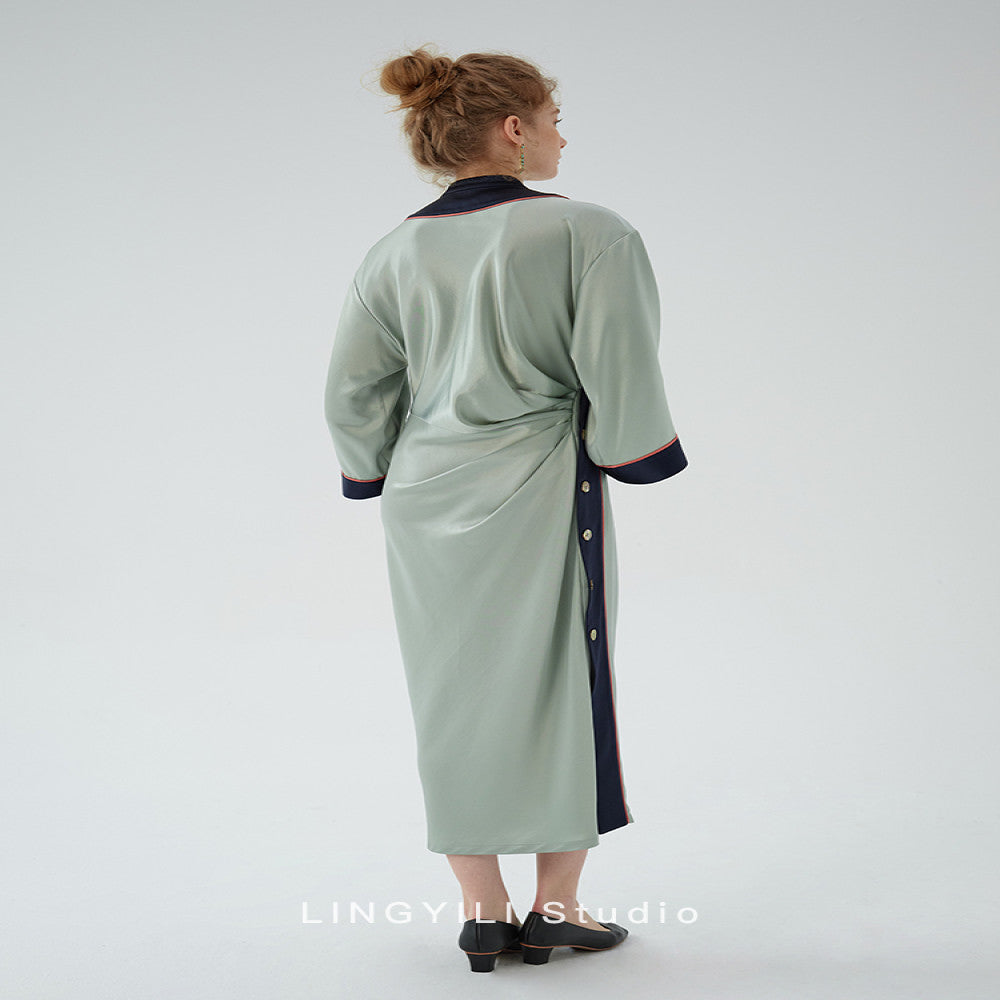 LINGYLI Spring Summer Collection New Chinese Water Green Satin Acetate Stand Cut Original Design Inverted Sleeve Dress image 5