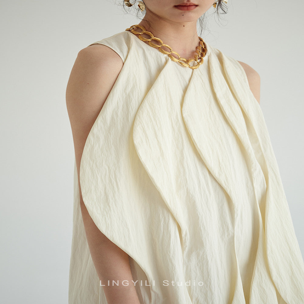 LINGYLI Xia s new original wave shaped standing cut sleeveless round neck designer beige long dress image 6