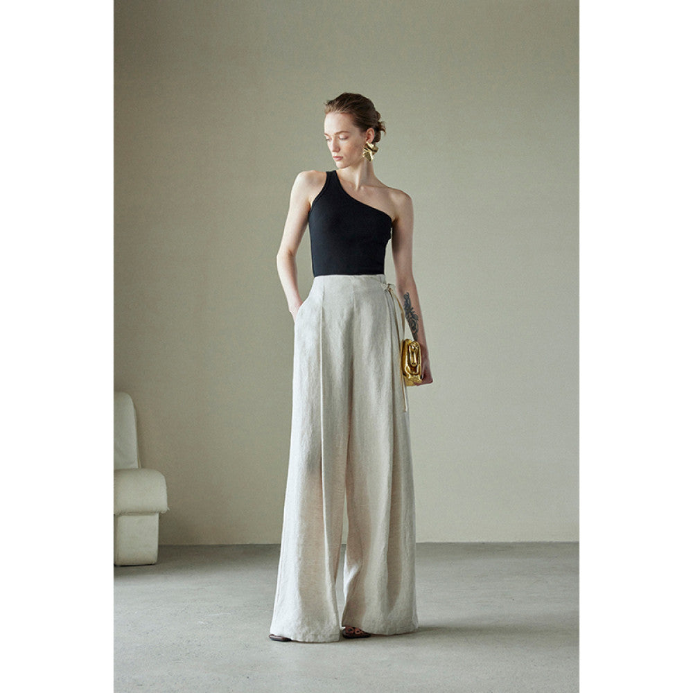 Spot Mogas pure linen side waistband pleated high waist wide leg pants for women s casual old money style summer wear image 21