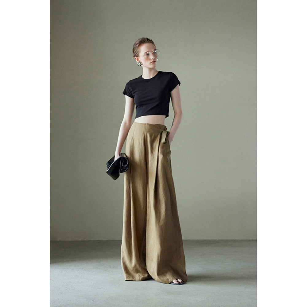 Spot Mogas pure linen side waistband pleated high waist wide leg pants for women s casual old money style summer wear image 50