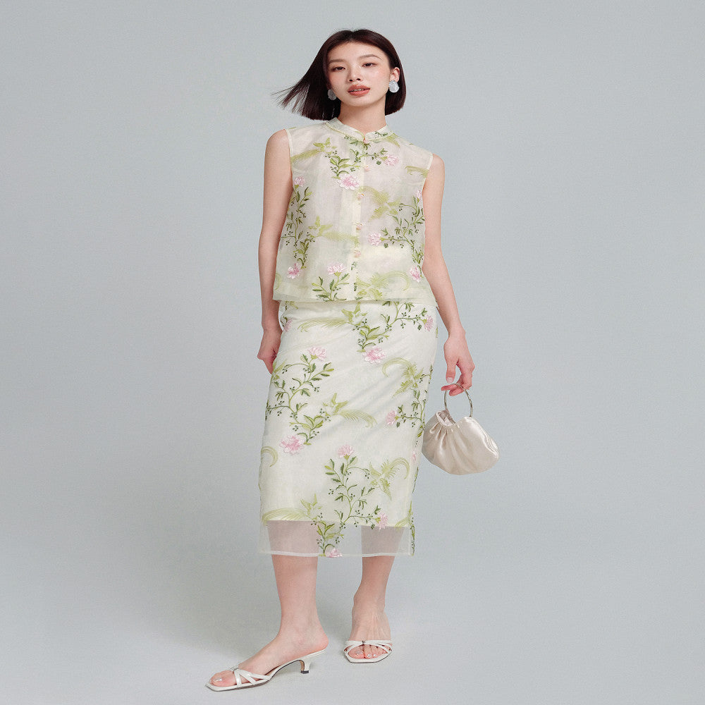 KOHS Jade Manhua New Chinese Style Vest Heavy Industry Eugen Embroidery Thin Half Skirt Set image 2