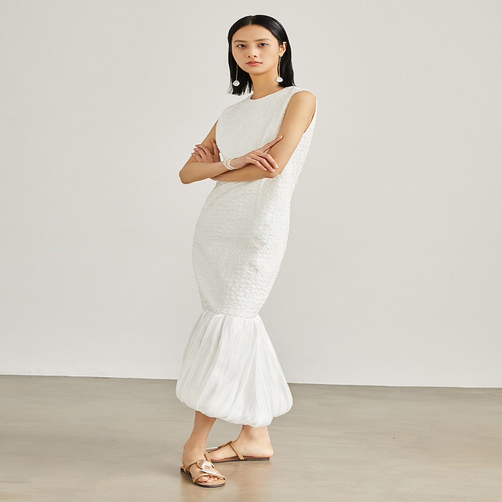 Elegant temperament goddess temperament pure white sleeveless long slim fit dress with sparkling fish tail hem splicing image 2