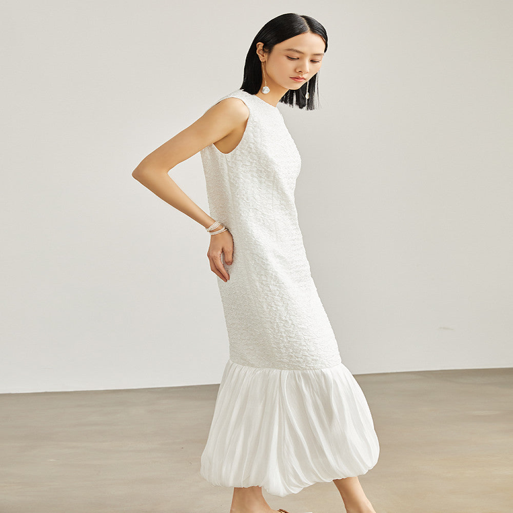 Elegant temperament goddess temperament pure white sleeveless long slim fit dress with sparkling fish tail hem splicing image 4