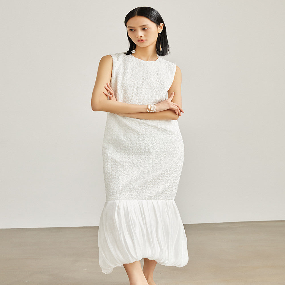 Elegant temperament goddess temperament pure white sleeveless long slim fit dress with sparkling fish tail hem splicing image 0