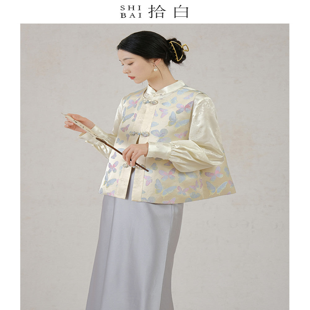 SHIBAI White New Chinese Vest Original High end Chinese Style Women s Wear Butterfly New Improved Plate Buckle Jacquard Top image 2