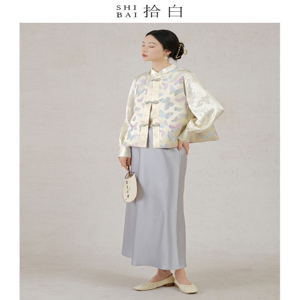SHIBAI White New Chinese Vest Original High end Chinese Style Women s Wear Butterfly New Improved Plate Buckle Jacquard Top image 3