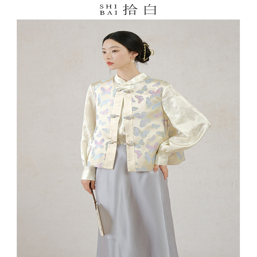 SHIBAI White New Chinese Vest Original High end Chinese Style Women s Wear Butterfly New Improved Plate Buckle Jacquard Top image 0