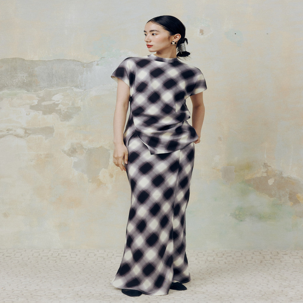 YUANYE Yuan Yeyuan Innovative Chinese Tencel Grid Printed Split Short sleeved Cheongsam Set image 3