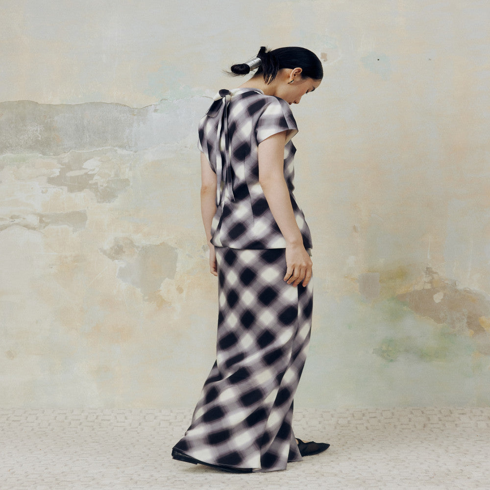 YUANYE Yuan Yeyuan Innovative Chinese Tencel Grid Printed Split Short sleeved Cheongsam Set image 4