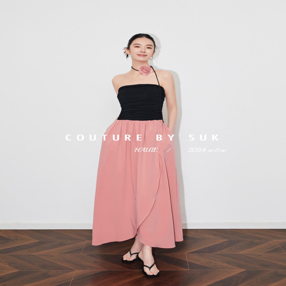SUK Rose Season One shoulder strapless high waisted long skirt for slimming and slimming summer new irregular dress image 14