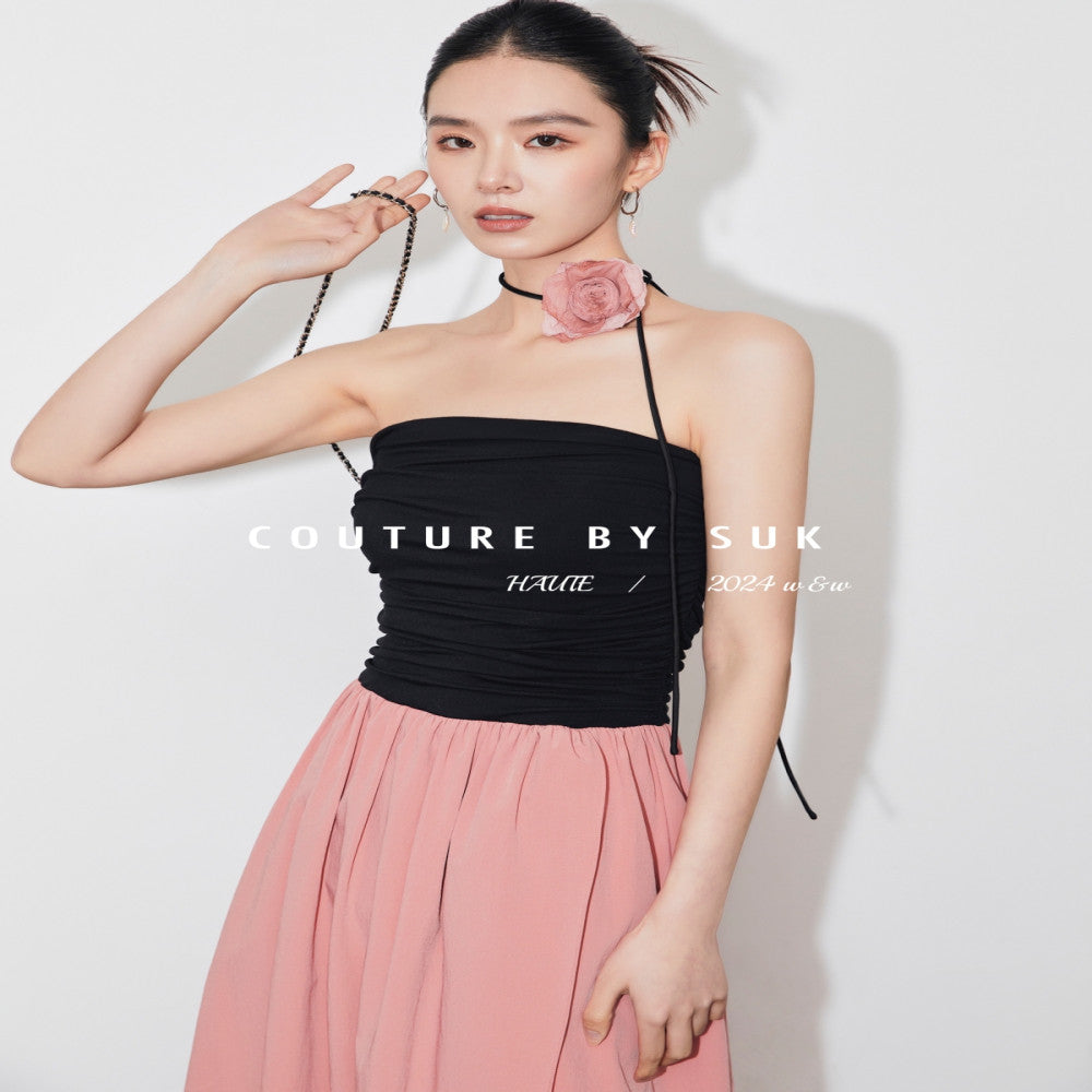 SUK Rose Season One shoulder strapless high waisted long skirt for slimming and slimming summer new irregular dress image 15