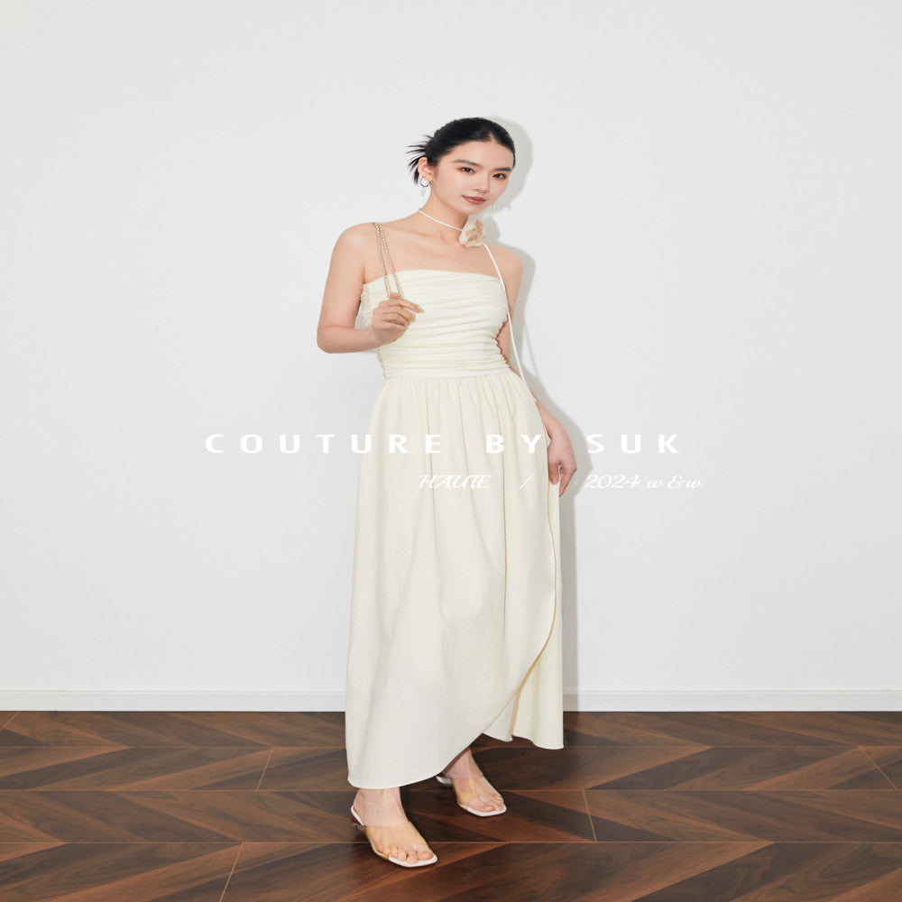 SUK Rose Season One shoulder strapless high waisted long skirt for slimming and slimming summer new irregular dress image 16