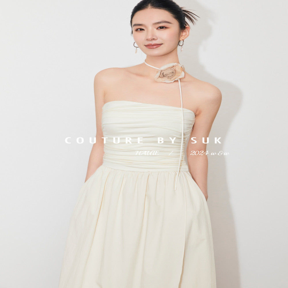 SUK Rose Season One shoulder strapless high waisted long skirt for slimming and slimming summer new irregular dress image 17