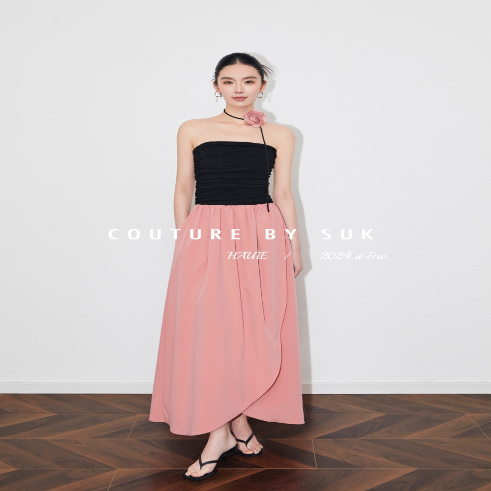 SUK Rose Season One shoulder strapless high waisted long skirt for slimming and slimming summer new irregular dress image 0