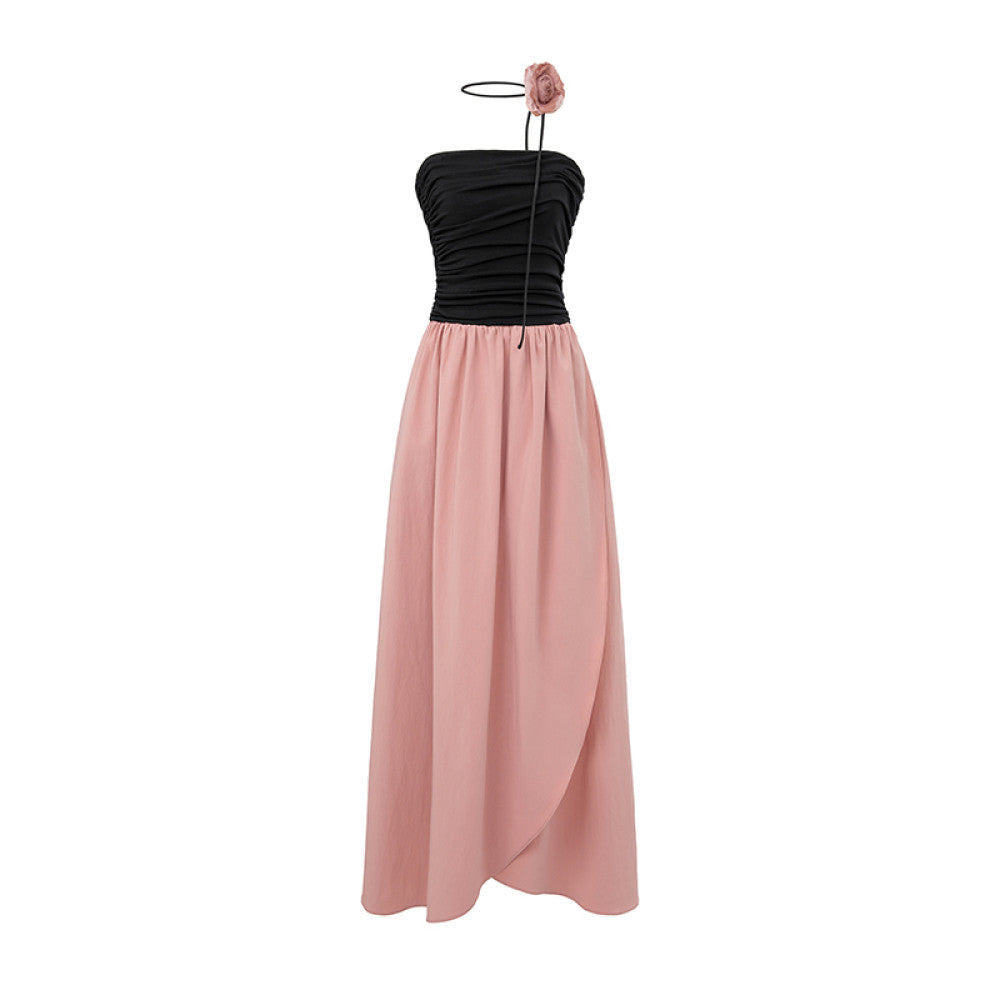 SUK Rose Season One shoulder strapless high waisted long skirt for slimming and slimming summer new irregular dress image 7