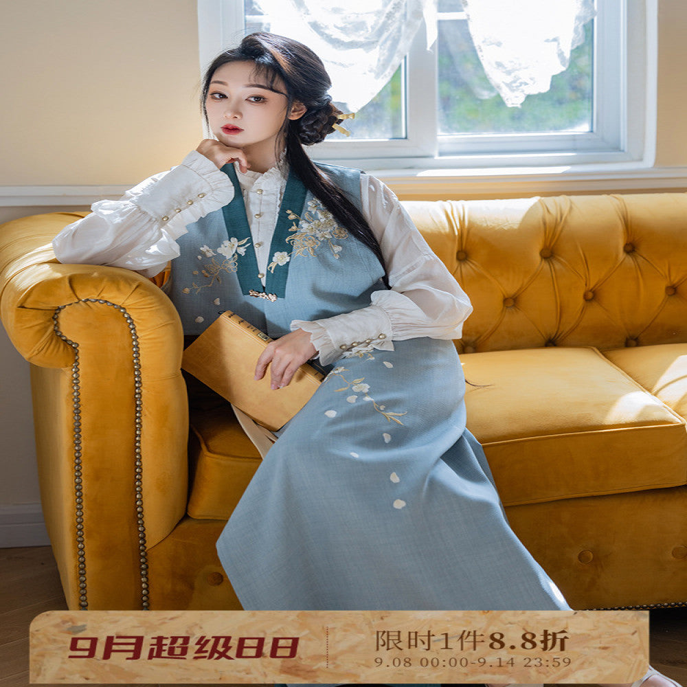 Dreaming of Pear Blossoms and Chinese Style Original Commuting Daily Hanfu Spinning Skirt New Chinese Embroidery Vest Stand up Collar Shirt Spring and Autumn image 0