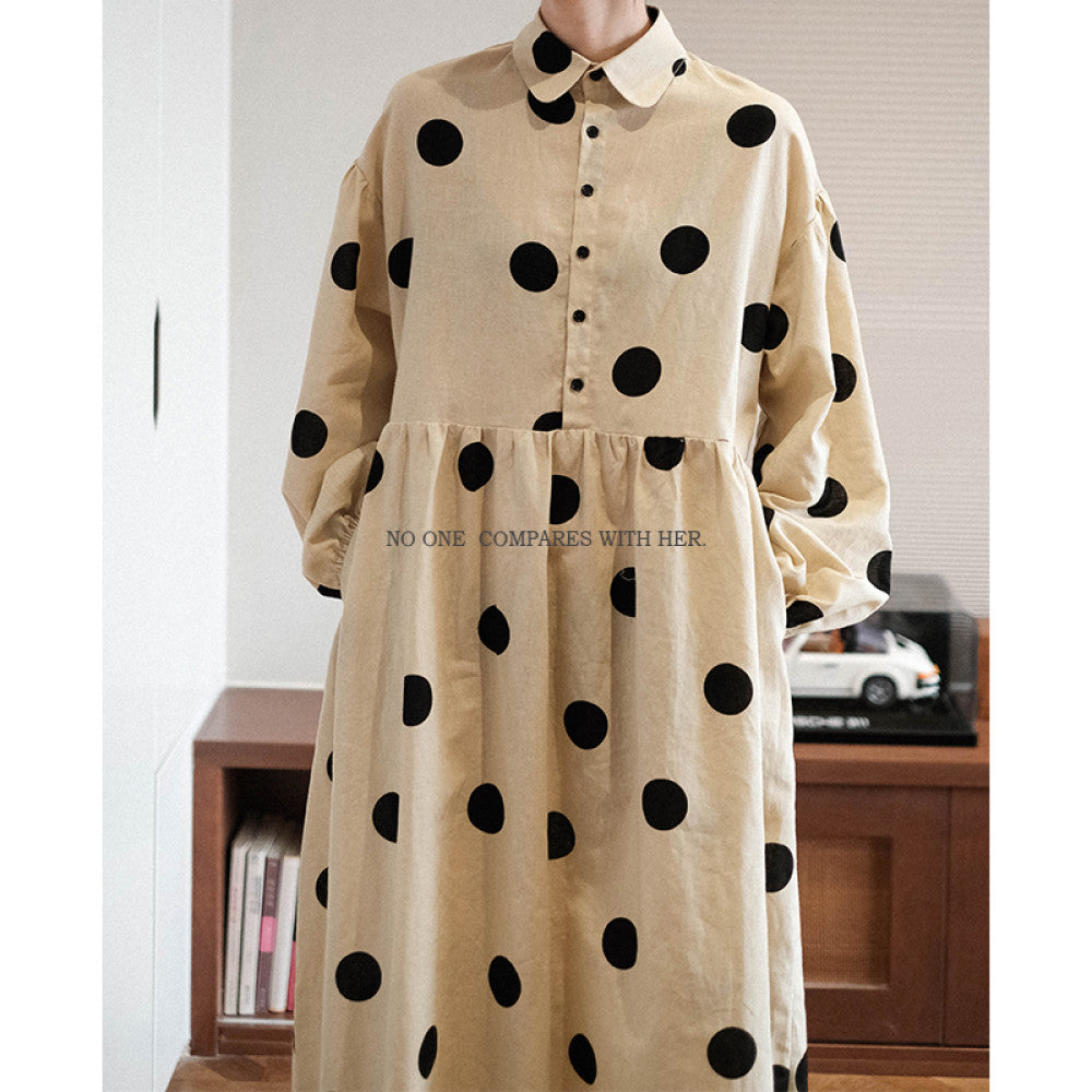 With her original niche design Japanese loose polka dot shirt cotton and linen artistic student long sleeved dress for women image 2
